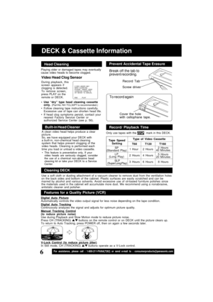 Page 66For assistance, please call : 1-800-211-PANA(7262) or send e-mail to : consumerproducts@panasonic.com
Video Head Clog Sensor
During playback, this
screen appears if
clogging is detected.
To remove screen,
press PLAY on the
remote or DECK. Playing older or damaged tapes may eventually
cause video heads to become clogged.
V I DEO  HEADS  MAYNEED  CLEAN I NGPLEASE   I NSERT  HEADCLEAN I NG  CASSETTEOR  REFER  TO  MANUAL
END               : PLAY
DECK & Cassette Information
Use “dry” type head cleaning...