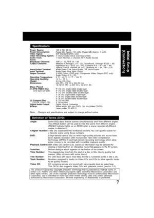 Page 77ucts@panasonic.com
Power Source:120 V AC, 60 Hz
Power Consumption:Power On: Approx. 32 watts, Power Off: Approx. 4 watts
Video Signal:EIA Standard NTSC color
Video Recording System:4 rotary heads helical scanning system
Audio Track:1 track (Normal), 2 channel (Hi-Fi Audio Sound)
Tuner:
Broadcast Channels:VHF 2 ~ 13, UHF 14 ~ 69
CABLE Channels:Midband A through I (14 ~ 22), Superband J through W (23 ~ 36)
Hyperband AA ~ EEE (37 ~ 64), Lowband A-5 ~ A-1 (95 ~ 99)
Special CABLE channel 5A (01), Ultraband...