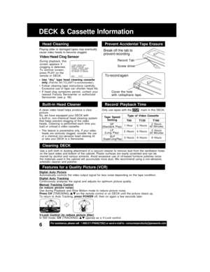 Page 66For assistance, please call : 1-800-211-PANA(7262) or send e-mail to : consumerproducts@panasonic.com
DECK & Cassette Information
Video Head Clog Sensor
During  playback,  this
screen  appears  if
clogging  is  detected.
To  remove  screen,
press  PLAY  on  the
remote  or  DECK. Playing  older  or  damaged  tapes  may  eventually
cause  video  heads  to  become  clogged.
V I DEO  HEADS  MAYNEED  CLEAN I NGPLEASE   I NSERT  HEADCLEAN I NG  CASSETTEOR  REFER  TO  MANUAL
END               : PLAY
• Use...