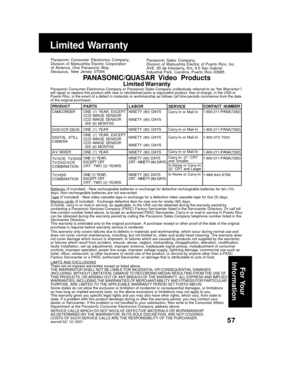 Page 5757
Limited  Warranty
Panasonic  Consumer  Electronics  Company,
Division  of  Matsushita  Electric  Corporation
of  America,  One  Panasonic  Way
Secaucus,  New  Jersey  07094Panasonic  Sales  Company,
Division  of  Matsushita  Electric  of  Puerto  Rico,  Inc.
AVE. 65 de Infantería, Km. 9.5 San Gabriel
Industrial  Park,  Carolina,  Puerto  Rico  00985
PANASONIC/QUASAR  Video  Products
Limited WarrantyPanasonic Consumer Electronics Company or Panasonic Sales Company (collectively referred to as “the...