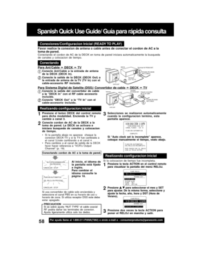 Page 5858For assistance, please call : 1-800-211-PANA(7262) or send e-mail to : consumerproducts@panasonic.com
Spanish Quick Use Guide/ Guía para rápida consulta
Para ajustar el  idioma, canal y Para ajustar el  idioma, canal yConexiones/Configuracion Inicial (READY TO PLAY)
Favor realice la conexion de antena o cable antes de conectar el cordon de AC a la
toma de pared.
Conectando el cordon de AC de la DECK en toma de pared iniciara automaticamente la busqueda
de  canales  y  colocacion  de  tiempo....