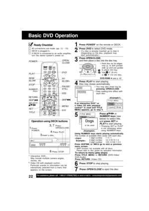 Page 2222For assistance, please call : 1-800-211-PANA(7262) or send e-mail to : consumerproducts@panasonic.com
Basic DVD Operation
Ready Checklist
All connections are made. (pp. 12 ~ 15)
DECK is plugged in.
If DECK is connected to an audio amplifier,
turn the stereo system’s power on.
*1Interactive DVD...
May include multiple camera angles,
stories, etc.
*
2Video CD with playback control...
Particular scenes or information can be
interactively selected from a menu that
appears on the screen.
Operation using...