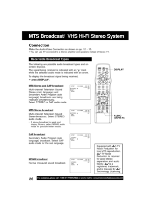 Page 2626For assistance, please call : 1-800-211-PANA(7262) or send e-mail to : consumerproducts@panasonic.com
MONO broadcast
Normal monaural sound broadcast.
SAP broadcast
Secondary Audio Program (sub
language) broadcast. Select SAP
audio mode for the sub language.
MTS Stereo broadcast
Multi-channel Television Sound
Stereo broadcast. Select STEREO
audio mode.
If stereo broadcast is weak and
display flickers, select MONO audio
mode for possible better results.
MTS Stereo and SAP broadcast
Multi-channel...