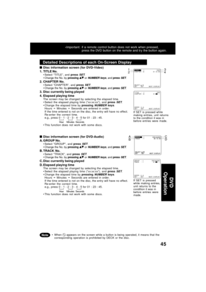Page 4545
*Important: if a remote control button does not work when pressed,
press the DVD button on the remote and try the button again.
DV D
 Operation
Detailed Descriptions of each On-Screen Display
  
Disc information screen (for DVD-Video)
1. TITLE No.
Select “TITLE”, and press SET.
Change the No. by pressing  or NUMBER keys, and press SET.
2. CHAPTER No.Select “CHAPTER”, and press SET.
Change the No. by pressing  or NUMBER keys, and press SET.
3. Disc currently being played
4. Elapsed playing...