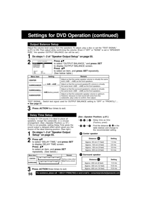 Page 5656For assistance, please call : 1-800-211-PANA(7262) or send e-mail to : consumerproducts@panasonic.com
Output Balance Setup
1
Adjust the volume level output from the speakers. To adjust, play a disc or set the “TEST SIGNAL”
(p.57) to ON. Then adjust while confir ming the volume. (Even if “OFF” or NONE is set in “SPEAKER
SIZE,” the speaker OUTPUT BALANCE can still be set.)
2
Settings for DVD Operation (continued)
Delay Time Setup
1
To enjoy 5.1 CH sound, it is ideal to place all
speakers, except the...