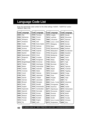 Page 6060For assistance, please call : 1-800-211-PANA(7262) or send e-mail to : consumerproducts@panasonic.com
Language Code List
Enter the appropriate code number for the initial settings “AUDIO”, “SUBTITLE” and/or
“MENUS” (see p. 53).
   Code Language
7079Faroese
7082French
7089Frisian
7165Irish
7168Scots Gaelic
7176Galician
7178Guarani
7185Gujarati
7265Hausa
7273Hindi
7282Croatian
7285Hungarian
7289Armenian
7365Interlingua
7378Indonesian
7383Icelandic
7384Italian
7387Hebrew
7465Japanese
7473Yiddish...