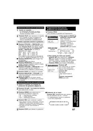 Page 6767
Operaciones básicas para la reproducción
1
2
3Inserte un cassette,La alimentación del DECK se activa.
En la Pantalla de Visualización Multi
Función se ilumina “VCR”.
Presione PLAY para reproducir el cassette.Si el cassette no tiene la lengüeta de
prevención de grabación (página 6), se
inicia la reproducción automáticamente.
Detalles especiales durante la grabación
Presione FF/SLOW+ o REW/SLOW- para
búsqueda de escenas hacia delante/ hacia
atrás. Presione PLAY para liberar. Durante
la búsqueda, cada...