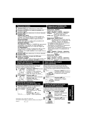Page 6969
1
Cambio del idioma de subtítulos
[Vídeo DVD solamente]
EI idioma de los subtítulos seleccionado al hacer las
fijaciones iniciales se puede cambiar por otro idioma
diferente, si éste se encuentra disponible.
Presione SUBTITLE durante
la reproducción.
Cuando no haya subtítulos
grabados, se visualizará “-” en
lugar del número de idioma.
Presione  para
seleccionar el idioma deseado.
Presione 
  para
seleccionar “ACTIVO” o
“INACTIVO.”
Selección de IDIOMAS DEL
DISCO [DVD solamente]
Presione  para...