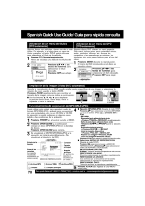 Page 7070For assistance, please call : 1-800-211-PANA(7262) or send e-mail to : consumerproducts@panasonic.com
Algunos discos con películas, vienen con dos o más
títulos. Por ejemplo, si el disco tiene un menú de
títulos grabados, el botón TITLE podrá utilizarse
para seleccionar el título de la película.
Presione TITLE durante la reproducción.Ahora se visualiza una lista de los títulos del
disco.
Utilización de un menú de títulos
[DVD solamente]
T I TLE  MENU
Cas t l es
Love
 r s
Dogs
B
 i r ds
Presione    o...