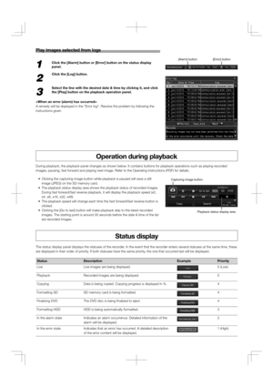 Page 3Play images selected from logs
Operation during playback
Status display
  •  Clicking the capturing image button while playback is paused will save a still 
image (JPEG) on the SD memory card. 
  •  The playback status display area shows the playback status of recorded images. 
During fast forward/fast reverse playback, it will display the playback speed (x2, 
x4, x8, x16, x32, x48)
  •  The playback speed will change each time the fast forward/fast reverse button is 
clicked.
  •  Clicking the [Go to...