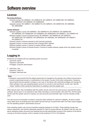 Page 111011
Software overview
License
Recording Software
 Channel License: WV-ASRE501, WV-ASRE501W, WV-ASRE516, WV-ASRE516W, WV-ASRE532, 
WV-ASRE532W, WV-ASRE564, WV-ASRE564W
  Upgrade License: WV-ASRE571, WV-ASRE571W, WV-ASRE572, WV-ASRE572W, WV-ASRE599, 
WV-ASRE599W
Update Software
  Software Update License: WV-ASRM501, WV-ASRM501W, WV-ASRM516, WV-ASRM516W, 
WV-ASRM532, WV-ASRM532W, WV-ASRM564, WV-ASRM564W, WV-ASRM571, WV-ASRM571\
W
  Software Update License of Expired license: WV-ASRX501, WV-ASRX501W,...