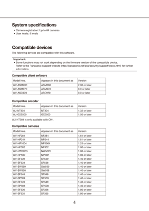 Page 445
System specifications
Camera registration: Up to 
•	 64 cameras
User levels: 5 levels
•	
Compatible devices
The following devices are compatible with this software.
Important: Some functions may not work depending on the firmware version of the c\
ompatible device.
•	
  Refer to the Panasonic support website (http://panasonic.net/pss/securi\
ty/support/index.html) for further 
information.
Compatible client software
Model Nos. Appears in this document as Version
WV-ASM200 ASM200 2.00 or later...