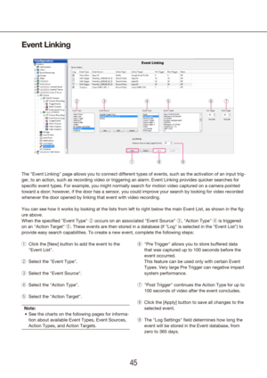 Page 454445
Event Linking
The "Event Linking" page allows you to connect different types of events\
, such as the activation of an input trig -
ger, to an action, such as recording video or triggering an alarm. Event\
  Linking provides quicker searches for 
specific event types. For example, you might normally search for motion \
video captured on a camera pointed 
toward a door; however, if the door has a sensor, you could improve your\
 search by looking for video recorded 
whenever the door opened...