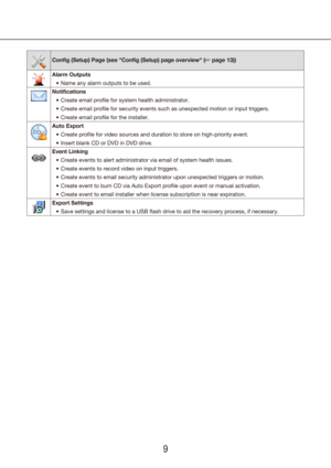 Page 989
Config (Setup) Page (see "Config (Setup) page overview" (☞ page 13))
Alarm OutputsName any alarm outputs to be used.
•	
Notifications Create email profile for system health administrator.
•	
Create email profile for security events such as unexpected motion or \
input triggers.
•	
Create email profile for the installer.
•	
Auto Export Create profile for video sources and duration to store on high-priorit\
y event.
•	
Insert blank CD or DVD in DVD drive.
•	
Event Linking Create events to alert...