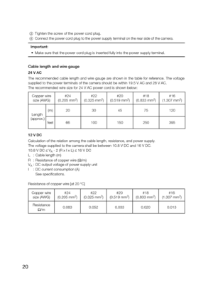 Page 20
20

Cable length and wire gauge
24 V AC 
The  recommended  cable  length  and  wire  gauge  are  shown  in  the  table  for  reference.  The  voltage 
supplied to the power terminals of the camera should be within 19.5 V AC\
 and 28 V AC.
The recommended wire size for 24 V AC power cord is shown below:
12 V DC
Calculation of the relation among the cable length, resistance, and power supply.
The voltage supplied to the camera shall be between 10.8 V DC and 16 V D\
C. 
10.8 V DC ≤ V
A - 2 (R x I x L) ≤ 16...
