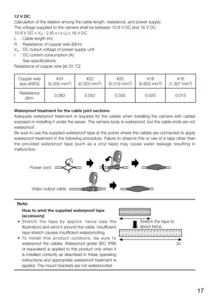 Page 1717
Note:
   How to wind the supplied waterproof tape 
(accessory)
	 •	 S t r e t c h 	t h e 	t a p e 	b y 	a p p r o x . 	t w i c e 	( s e e 	t h e	
illustration) and wind it around the cable. Insufficient 
tape stretch causes insufficient waterproofing.
	 •	 To 	i n s t a l l 	t h i s 	p r o d u c t 	o u t d o o r s , 	b e 	s u r e 	t o 	
waterproof  the  cables.  Waterproof  grade  (IEC  IP66 
or  equivalent)  is  applied  to  this  product  only  when  it 
is  installed  correctly  as  described  in...