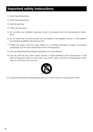 Page 44
Important safety instructions
 1)  Read these instructions.
  2)  Keep these instructions.
  3)  Heed all warnings.
  4)  Follow all instructions.
  5)  Do  not  block  any  ventilation  openings.  Install  in  accordance  with  the  manufacturer's  instruc-
tions.
  6)  Do not install near any heat sources such as radiators, heat registers, stoves, or other appara -
tus (including amplifiers) that produce heat.
  7)  Protect  the  power  cord  from  being  walked  on  or  pinched  particularly  at...