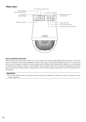 Page 14
About the [INITIAL SET] button
After turning off the power of the camera, turn on the power of the camera while holding down this button, and wait fo\
r 
around 5 seconds or more without releasing this button. Wait around 3 minute after releasing the button. The camera will 
start up and the settings including the network settings will be initial\
ized. Before initializing the settings, it is recommended 
to write down the settings in advance. The initialization will be complete when the live indicator...