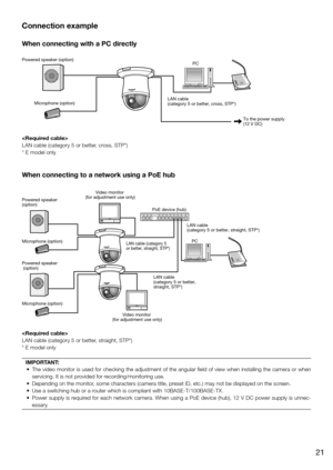 Page 21Connection example
When connecting with a PC directly

LAN cable (category 5 or better, cross, STP*)
* E model only
When connecting to a network using a PoE hub

LAN cable (category 5 or better, straight, STP*)
* E model onlyIMPORTANT:
	 •	 The	video	monitor	is	used	for	checking	the	adjustment	of	the	angular	field	of	view	when	installing	the	camera	or	when	 servicing. It is not provided for recording/monitoring use. 
	 •	 Depending	on	the	monitor,	some	characters	(camera	title,	preset	ID,	etc.)	may	not...