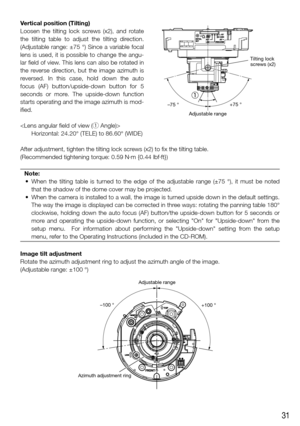 Page 3131
Vertical position (Tilting)
Loosen the tilting lock screws (x2), and rotate 
the tilting table to adjust the tilting direction. 
(Adjustable	range:	±75	°)	Since	a	variable	focal	
lens is used, it is possible to change the angu-
lar field of view. This lens can also be rotated in 
the reverse direction, but the image azimuth is 
reversed. In this case, hold down the auto 
focus (AF) button/upside-down button for 5 
seconds or more. The upside-down function 
starts operating and the image azimuth is...