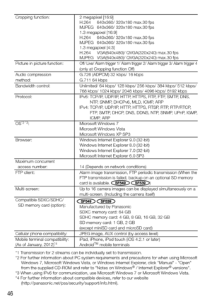 Page 4646
Cropping function:2	megapixel	[16:9] 
H.264     640x360/ 320x180 max.30 fps 
MJPEG  
 640x360/ 320x180 max.30 fps 
1.3	megapixel	[16:9] 
H.264     640x360/ 320x180 max.30 fps 
MJPEG  
 640x360/ 320x180 max.30 fps 
1.3	megapixel	[4:3] 
H.264    
 VGA(640x480)/ QVGA(320x240) max.30 fps 
MJPEG   VGA(640x480)/ QVGA(320x240) max.30 fps
Picture in picture function:
Off/ Live/ Alarm trigger 1/ Alarm trigger 2/ Alarm trigger 3/ Alarm trigge\
r 4 
(only at Cropping function Off)
Audio compression
method: G.726...