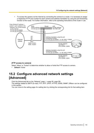 Page 163•To access the camera via the Internet by connecting the camera to a router, it is necessary to assign
a respective HTTP port number for each camera and address translation by using the port forwarding
function of the router. For further information, refer to the operating instructions of the router in use.
[FTP access to camera]
Select “Allow” or “Forbid” to determine whether to allow or forbid the FTP access to camera.
• Default:  Forbid
15.2  Configure advanced network settings
[Advanced] Click the...