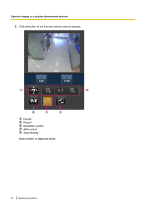 Page 322.Click the button of the function that you want to operate.
Pan/tilt *3
Preset*3
Resolution control
AUX control
Zoom display *3
Each function is explained below.
32Operating Instructions
2 Monitor images on a cellular phone/mobile terminalCD
AB
E         