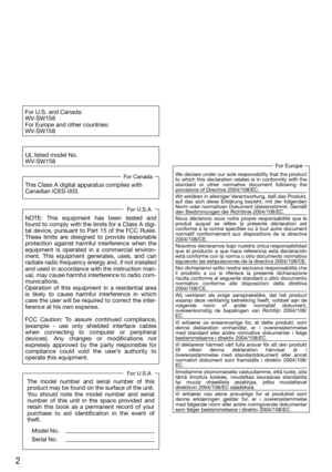 Page 22
The model number and serial number of this 
product may be found on the surface of the unit.
You should note the model number and serial 
number of this unit in the space provided and 
retain this book as a permanent record of your 
purchase to aid identification in the event of 
theft.
 Model No. 
 Serial No.
NOTE: This equipment has been tested and 
found to comply with the limits for a Class A digi-
tal device, pursuant to Part 15 of the FCC Rules. 
These limits are designed to provide reasonable...