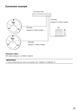 Page 2525
Connection example

LAN cable (category 5 or better, straight)
IMPORTANT: 
  •  Use a switching hub which is compliant with 10BASE-T/100BASE-TX. 
PoE device (hub)
LAN cable
(category 5 or better, straight)
LAN cable
(category 5 or better, straight)LAN cablePC
(category 5 or better, straight) 