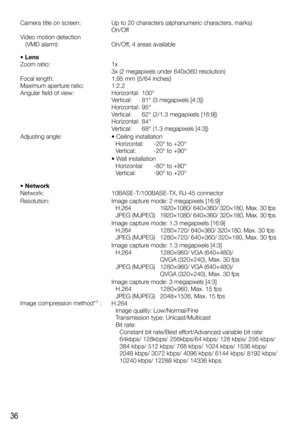 Page 3636
Camera title on screen:  Up to 20 characters (alphanumeric characters, marks) 
On/Off
Video motion detection 
   (VMD alarm):  On/Off, 4 areas available
 
• Lens
Zoom ratio:  1x 
3x (2 megapixels under 640x360 resolution)
Focal length:  1.95 mm {5/64 inches}
Maximum aperture ratio:  1:2.2
Angular field of view:  Horizontal:  100°
    Vertical:  81° (3 megapixels [4:3])
   Horizontal: 95°
    Vertical:  62° (2/1.3 megapixels [16:9]) 
   Horizontal: 84°
    Vertical:  68° (1.3 megapixels [4:3])...