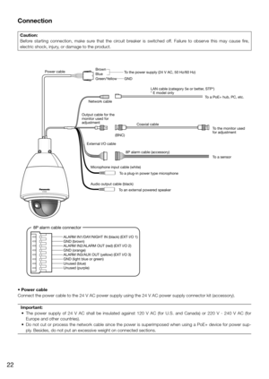 Page 22Connection
Caution:
Before starting connection, make sure that the circuit breaker is switched off. Failure to observe this may cause fire, 
electric shock, injury, or damage to the product. 
    
Coaxial cableTo  the monitor used 
for adjustment
8P alarm cable (accessory) To a sensor
To  a plug-in power type microphone
To  an external powered speaker To
 a PoE+ hub, PC, etc.
Output cable for the 
monitor used for 
adjustment
External I/O cable
Microphone input cable (white)Audio output cable (black) LAN...