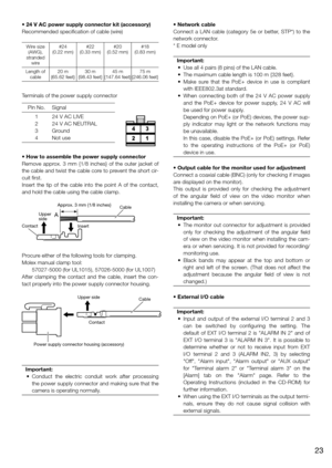 Page 23• 24 V AC power supply connector kit (accessory)
Recommended specification of cable (wire)
Wire size (AWG), 
stranded  wire #24
(0.22 mm) #22
(0.33 mm) #20
(0.52 mm) #18
(0.83 mm)
Length of  cable 20 m  
{65.62 feet} 30 m  
{98.43 feet} 45 m  
{147.64 feet} 75 m 
{246.06 feet}
Terminals of the power supply connector
Pin No. Signal
1
2
3
4 24 V AC LIVE
24 V AC NEUTRAL
Ground
Not use
• How to assemble the power supply connector
Remove approx. 3 mm {1/8  inches} of the outer jacket of 
the cable and twist...