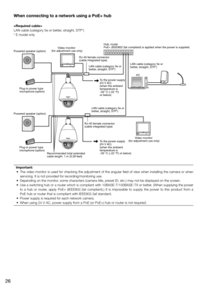 Page 26When connecting to a network using a PoE+ hub

LAN cable (category 5e or better, straight, STP*)
* E model onlyImportant:
	 •	 The	video	monitor	is	used	for	checking	the	adjustment	of	the	angular	field	of	view	when	installing	the	camera	or	when	 servicing. It is not provided for recording/monitoring use.
	 •	 Depending	on	the	monitor,	some	characters	(camera	title,	preset	ID,	etc.)	may	not	be	displayed	on	the	screen.	
	 •	 Use	a	switching	hub	or	a	router	which	is	compliant	with	10BASE-T/100BASE-TX	or...