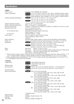 Page 36Specifications
• Basic
Power source: 24 V AC or PoE+ (IEEE802.3at compliant)
Power consumption: SW396 24 V AC*: 50 Hz/60 Hz: 43 W/1.8 A, PoE+: Approx. 25 W/460 mA (Class 4 device)
  SW395 24 V AC*: 50 Hz/60 Hz: 43 W/1.8 A, PoE+: Approx. 24 W/440 mA (Class 4 device)
   *  FOR UL LISTED MODEL(S), ONLY CONNECT 24 V AC CLASS 2 POWER SUPPLY.
Ambient operating temperature: SW396 –50 °C to +55 °C {–58 °F to +131 °F} (24 V AC)*1*2
     –30 °C to +55 °C {–22 °F to +131 °F} (PoE+)
  SW395 –40 °C to +50 °C {–40 °F...