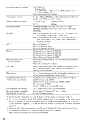 Page 4040
Image compression method*1: JPEG (MJPEG)Image quality: 
  0 SUPER FINE/ 1 FINE/ 2/ 3/ 4/ 5 NORMAL/ 6/ 7/ 8/  
9 LOW (10 steps: 0-9)
Transmission type: PULL/PUSH
Transmission interval: 0.1 fps - 30 fps (JPEG frame rate will be restricted when dis-
playing both JPEG and H.264 images.)
Audio compression method: G.726 (ADPCM)            32 kbps/16 kbps G.711                 64 kbps
Bandwidth control: Unlimited/ 64 kbps/ 128 kbps/ 256 kbps/ 384 kbps/  
512 kbps/ 768 kbps/ 1024 kbps/ 2048 kbps/ 4096 kbps/...