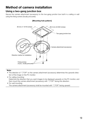 Page 1919
Method of camera installation
Using a two-gang junction box
Secure the camera attachment (accessory) to the two-gang junction box built\
 in a ceiling or wall 
using the fixing screws (locally procured).
TOP
TOP
46 mm {1-13/16 inches}
Direction marker for installation Two-gang junction box
Camera attachment (accessory)
Fixing screws
(4 pcs., locally procured) 83.5 mm {3-9/32 inches}
[Mounting hole pattern]
Note:
	 •	 The direction of “gTOP” on the camera attachment (accessory) determines the upwards...