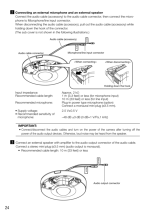 Page 2424
IMPORTANT:
	•		
Connect/disconnect the audio cables and turn on the power of the camera after turning off the 
power of the audio output devices. Otherwise, loud noise may be heard from the speaker. 
 
xConnecting an external microphone and an external speaker
Connect the audio cable (accessory) to the audio cable connector, then connect the micro-
phone to Microphone/line input connector. 
When disconnecting the audio cable (accessory), pull out the audio cab\
le (accessory) while 
holding down the...