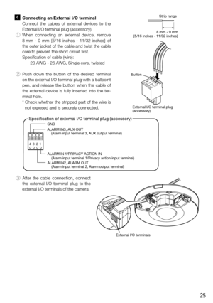 Page 2525
v Connecting an External I/O terminal
  Connect the cables of external devices to the 
External I/O terminal plug (accessory). 
  q  When connecting an external device, remove 
8 mm - 9 mm {5/16 inches - 11/32 inches} of 
the outer jacket of the cable and twist the cable 
core to prevent the short circuit first. 
Specification of cable (wire):  
20 AWG - 26 AWG, Single core, twisted
  w  Push down the button of the desired terminal 
on the external I/O terminal plug with a ballpoint 
pen, and release...