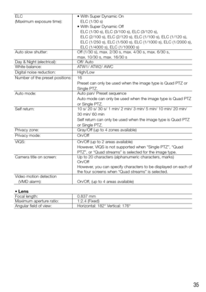 Page 3535
ELC
(Maximum exposure time):•	With	Super	Dynamic	On
ELC (1/30 s)
•	With	Super	Dynamic	Off ELC (1/30 s), ELC (3/100 s), ELC (3/120 s),
ELC (2/100 s), ELC (2/120 s), ELC (1/100 s), ELC (1/120 s),
ELC (1/250 s), ELC (1/500 s), ELC (1/1000 s), ELC (1/2000 s),
ELC (1/4000 s), ELC (1/10000 s)
Auto slow shutter: Off (1/30 s), max. 2/30 s, max. 4/30 s, max. 6/30 s, 
max. 10/30 s, max. 16/30 s
Day & Night (electrical): Off/ Auto
White balance: ATW1/ ATW2/ AWC
Digital noise reduction: High/Low
Number of the...