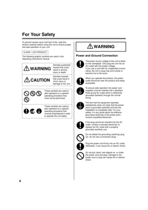 Page 88
For Your Safety
To prevent severe injury and loss of life, read this 
section carefully before using the unit to ensure proper 
and safe operation of your unit.
The following graphic symbols are used in this 
Operating Instructions manual.
Power and Ground Connection
CLASS 1 LED PRODUCTDenotes a potential 
hazard that could 
result in serious 
injury or death.
Denotes hazards 
that could result in 
minor injury or 
damage to the unit.
These symbols are used to 
alert operators to a specific 
operating...