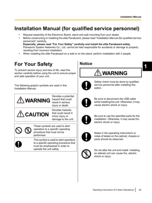 Page 29Installation Manual (for qualified service personnel)•Request assembly of the Electronic Board, stand and wall mounting from your dealer.
• Before constructing or installing the elite Panaboard, please read  "Installation Manual (for qualified service
personnel)" carefully.
Especially, please read "For Your Safety" carefully and install the elite Panaboard safely.
Panasonic System Networks Co., Ltd. cannot be held responsible for accidents or damage to property
resulting from incorrect...