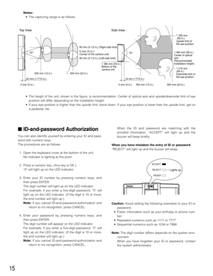 Page 1515
Notes:
•The capturing range is as follows.
•The height of the unit, shown in the figure, is recommendation. Center of optical axis and upside/downside limit of eye
position will differ depending on the installation height.
•If your eye position is higher than the upside limit, bend down. If your eye position is lower than the upside limit, get on
a pedestal, etc.
■ID-and-password Authorization
You can also identify yourself by entering your ID and pass-
word with numeric keys.
The procedures are as...