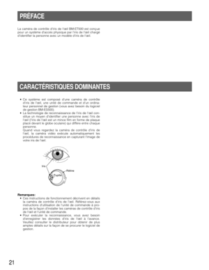 Page 2121
PRÉFACE
CARACTÉRISTIQUES DOMINANTES
La caméra de contrôle diris de lœil BM-ET500 est conçue
pour un système daccès physique par liris de lœil chargé
didentifier la personne avec un modèle diris de lœil.
•Ce système est composé dune caméra de contrôle
diris de lœil, une unité de commande et dun ordina-
teur personnel de gestion (vous avez besoin du logiciel
de gestion BM-ES500). 
•La technologie de reconnaissance de liris de lœil con-
stitue un moyen didentifier une personne avec liris de
lœil (liris...