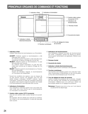 Page 2424
PRINCIPAUX ORGANES DE COMMANDE ET FONCTIONS
qIndicateur détat
Indique létat actuel de reconnaissance ou dinscription. 
ACCEPT:Sallume quand la reconnaissance a été
exécutée avec succès. * 
Ou sallume quand linscription a été exécutée avec
succès par la capture dimage de liris de lœil. 
REJECT:Sallume quand la reconnaissance na pas
été exécutée avec succès. 
Ou sallume quand linscription na pas été exé-
cutée avec succès par la capture dimage de liris
de lœil. 
READY:Sallume quand la reconnaissance ou...