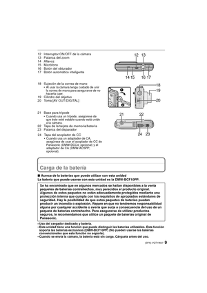 Page 99(SPA) VQT1W27
12 Interruptor ON/OFF de la cámara
13 Palanca del zoom
14 Altavoz
15 Micrófono
16 Botón del obturador
17 Botón automático inteligente
18 Sujeción de la correa de mano
• Al usar la cámara tenga cuidado de unir la correa de mano para asegurarse de no 
hacerla caer.
19 Cilindro del objetivo
20 Toma [AV OUT/DIGITAL]
21 Base para trípode
• Cuando usa un trípode, asegúrese de que éste esté estable cuando está unido 
a la cámara.
22 Tapa de la tarjeta de memoria/batería
23 Palanca del disparador...