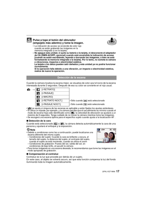 Page 1717(SPA) VQT1W66
• No apague esta unidad, ni quite su batería o la tarjeta, ni desconecte el adaptador de CA (DMW-AC5PP; opcional) cuando est é encendida la indicación de acceso 
[cuando se están escribiendo, leyendo o borrando las imágenes, o bien se está 
formateando la memoria integrada o la tarjeta]. Por lo tanto, no someta la cámara 
a vibraciones, impactos o electricidad estática.
La tarjeta o los datos pueden salir dañados y esta unidad ya no podría funcionar 
normalmente.
Si la operación falla...