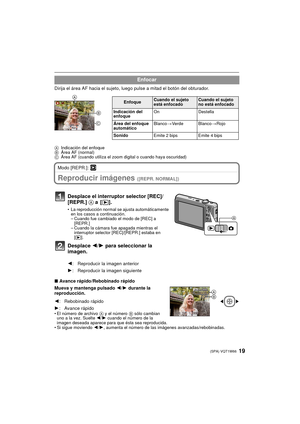 Page 1919(SPA) VQT1W66
Dirija el área AF hacia el sujeto, luego pulse a mitad el botón del obturador.
AIndicación del enfoque
B Área AF (normal)
C Área AF (cuando utiliza el zoom digital o cuando haya oscuridad)
Modo [REPR.]: ¸
Reproducir imágenes ([REPR. NORMAL])
∫ Avance rápido/Rebobinado rápido
Mueva y mantenga pulsado  2/1 durante la 
reproducción.
• El número de archivo  A y el número B sólo cambian 
uno a la vez. Suelte  2/1 cuando el número de la 
imagen deseada aparece para que ésta sea reproducida.
•...