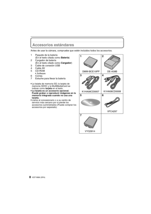 Page 8VQT1M98 (SPA)8
Accesorios estándares
Antes de usar la cámara, compruebe que estén incluidos todos los accesorios.
1 Paquete de la batería
(En el texto citada como Batería)
2 Cargador de batería
(En el texto citado como Cargador)
3 Cable de conexión USB
4Cable AV
5 CD-ROM

Software6 Correa
7 Estuche para llevar la batería

La tarjeta de memoria SD, la tarjeta de 
memoria SDHC y la MultiMediaCard se 
indican como tarjeta en el texto.
La tarjeta es un accesorio opcional.
Puede grabar o reproducir imágenes...