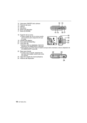 Page 10VQT1M98 (SPA)10
12 Interruptor ON/OFF de la cámara
13 Palanca del zoom
14 Altavoz
15 Micrófono
16 Botón del obturador
17 Botón [E.ZOOM]
18 Sujeción de la correa

Tenga cuidado de unir la correa cuando 
usa la cámara para asegurarse de que 
no caiga.
19 Cilindro del objetivo
20 Toma [AV OUT/DIGITAL]
21 Toma [DC IN]

Siempre utilice un adaptador original de 
Panasonic CA (DMW-AC5PP; opcional).
Esta cámara no puede cargar la batería aunque esté conectado a ésta el adaptador de 
CA (DMW-AC5PP; opcional).
22...