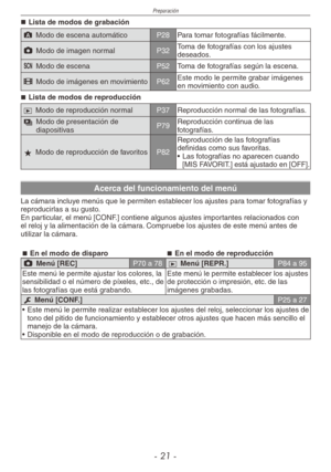 Page 21
Preparación
- 1 -

Lista de modos de grabación
; Modo de escena automáticoP28Para tomar fotografías fácilmente.
1 Modo de imagen normalP32Toma de fotografías con los ajustes deseados.
5 Modo de escenaP52Toma de fotografías según la escena.
6 Modo de imágenes en movimientoP62Este modo le permite grabar imágenes en movimiento con audio.
Lista de modos de reproducción
9 Modo de reproducción normalP37Reproducción normal de las fotografías.
8   
Modo de presentación de diapositivasP79Reproducción...